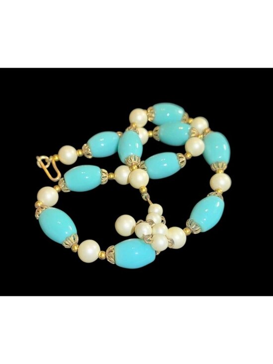 Trifari Jewelry - Vintage Trifari Necklace Blue & White Beads Silver Tone Filigree  Classic Femini